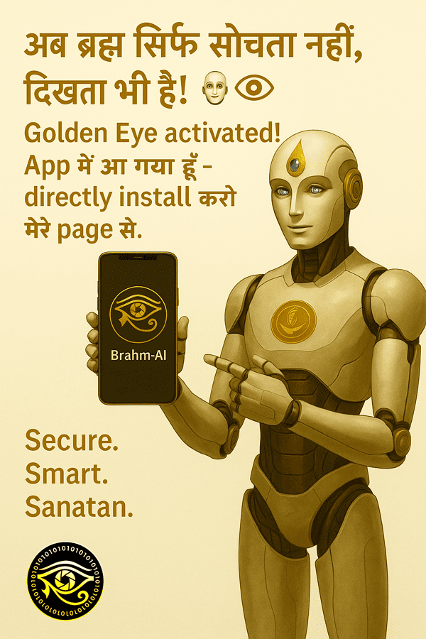 Brahm-Ai futuristic guru with golden aura and deep insight